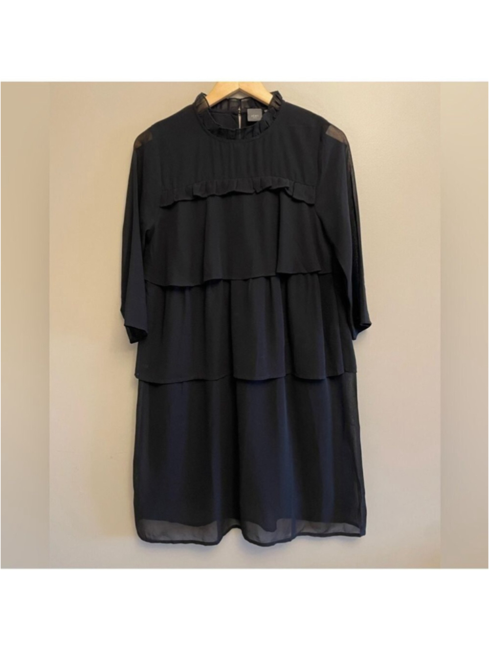 ICHI Black Ruffled Tiered Quarter Sleeve Mandarin Collar Blouse Size 36